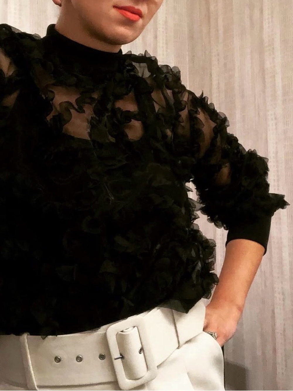 Sheer Ruffle Detail Black Women's Top
